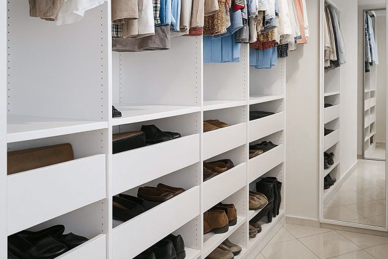 Schuhfächer in offenem Kleiderschrank